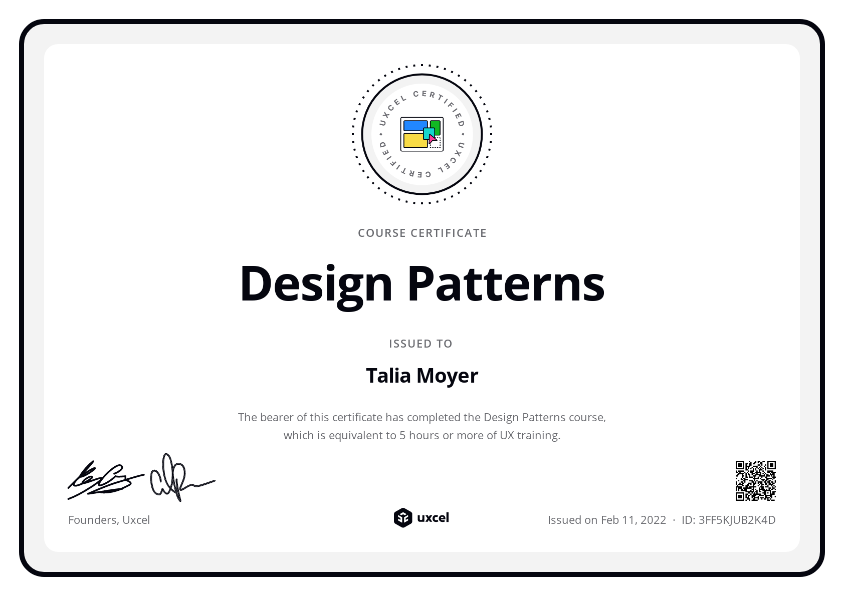 Talia Moyer's certificate